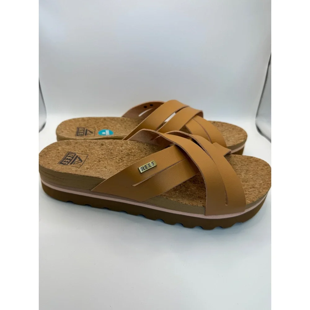 Reef Vista Hi Tan Vegan Leather Platform Sandals Cork Footbed Slides Women 9